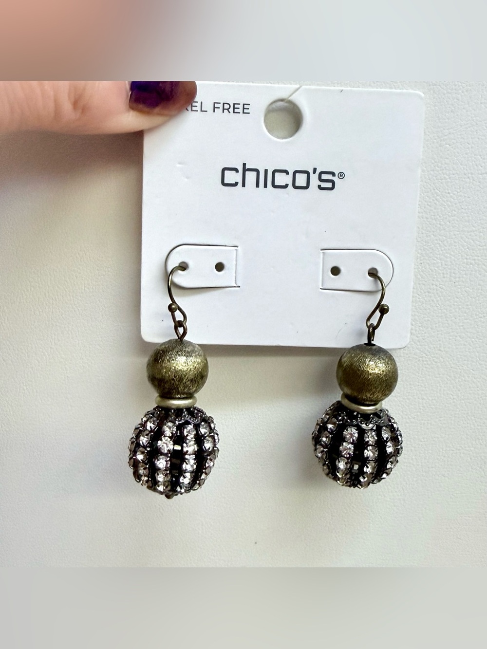 Chico's Antiqued Gold Tone Clear Rhinestone Pave Ball Drop Earrings Pierced